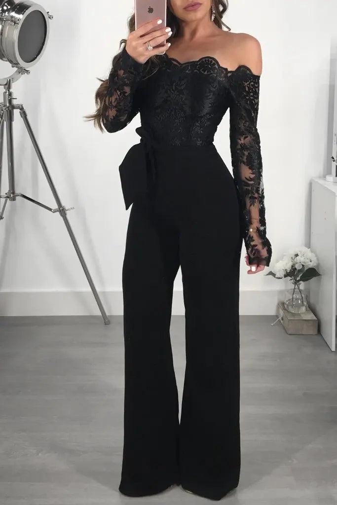 Appliques Lace Patchwork Off Shoulder Jumpsuit for Women with Slash Neck Long Sleeve and Elegant Wide Leg Pants Party Overalls