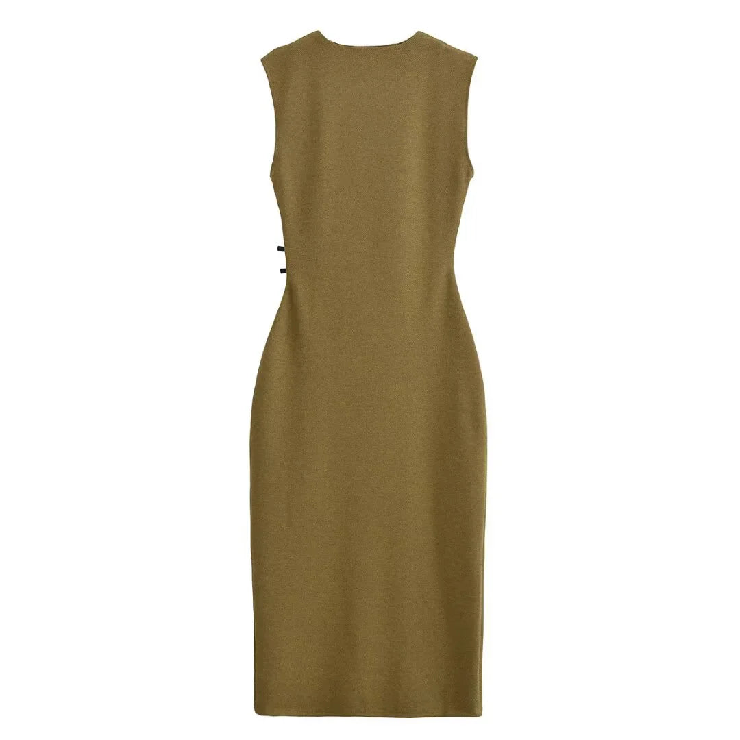 Twill Sleeveless Round Neck Midi Dress For Women Chic Style