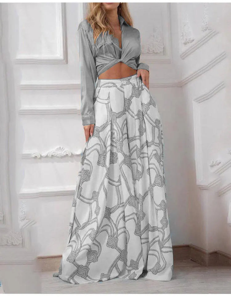 Printed Casual Suit with Lace-Up Shirt and High Waist Wide Leg Pants Set for Women