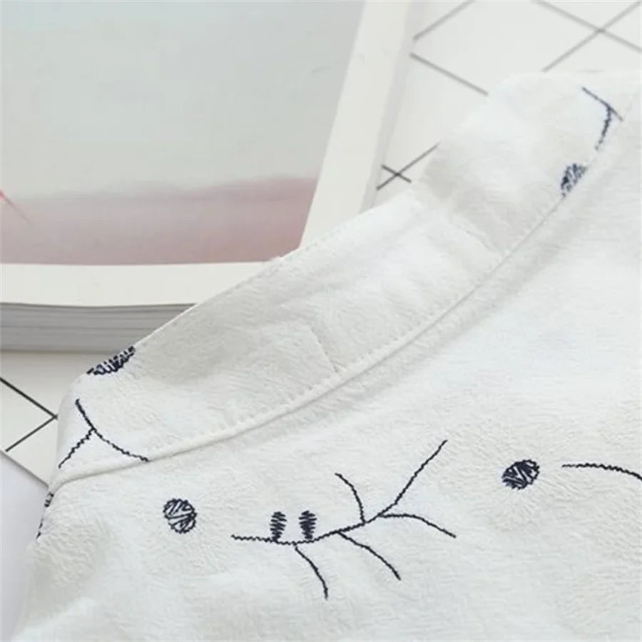 Embroidered Women's Cotton Linen Blouse Casual Long Sleeve Stand Collar Shirt Spring Summer Top