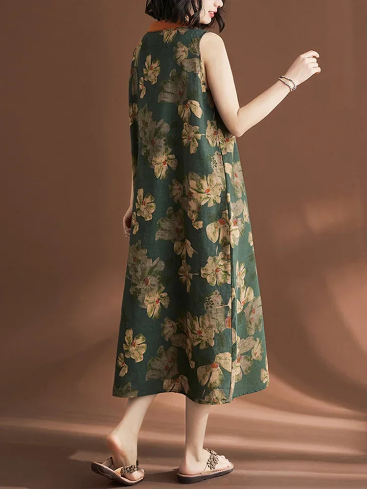 Printed Linen Sleeveless Dress for Women Summer Casual