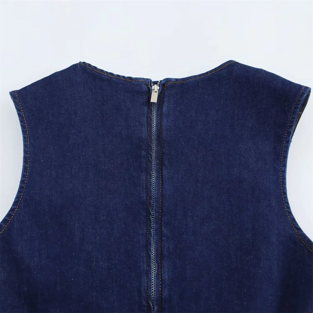 Cowboy Style Sleeveless Midi Dress With Zipper Decoration