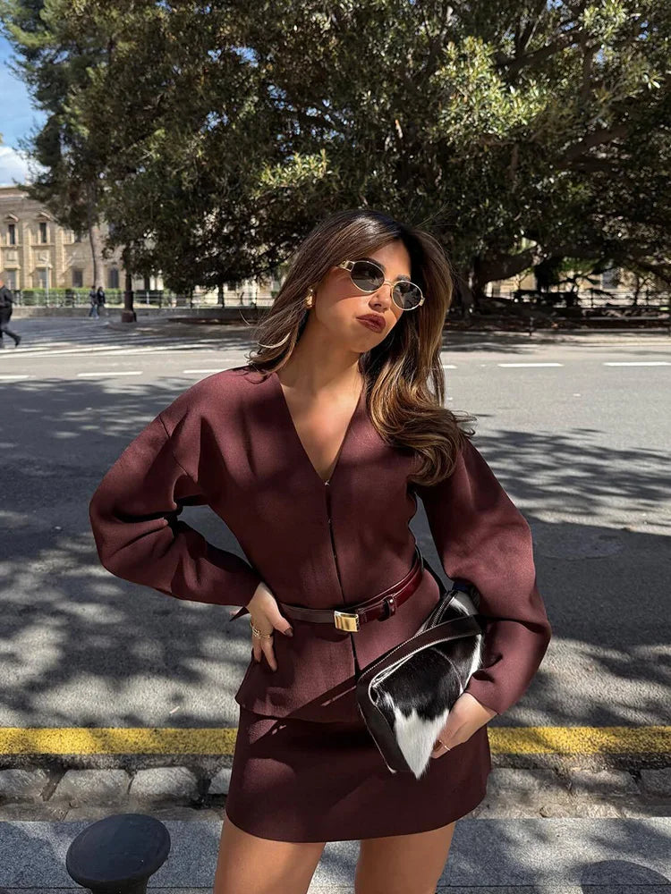 Women's Stylish Knit Mini Skirt Set with Slim Fit Jacket and High Waist Stretch Flat Knit Skirt Casual Chic Outfit