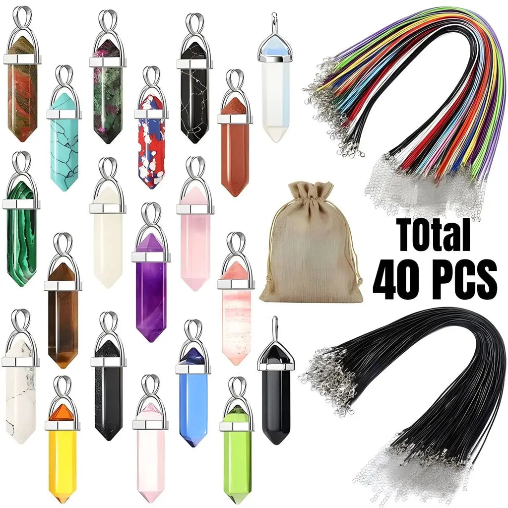 40PCS Hexagonal Chakra Crystal Pendant Necklace Set with Pointed Quartz Stones and Leather Chain Storage Bag