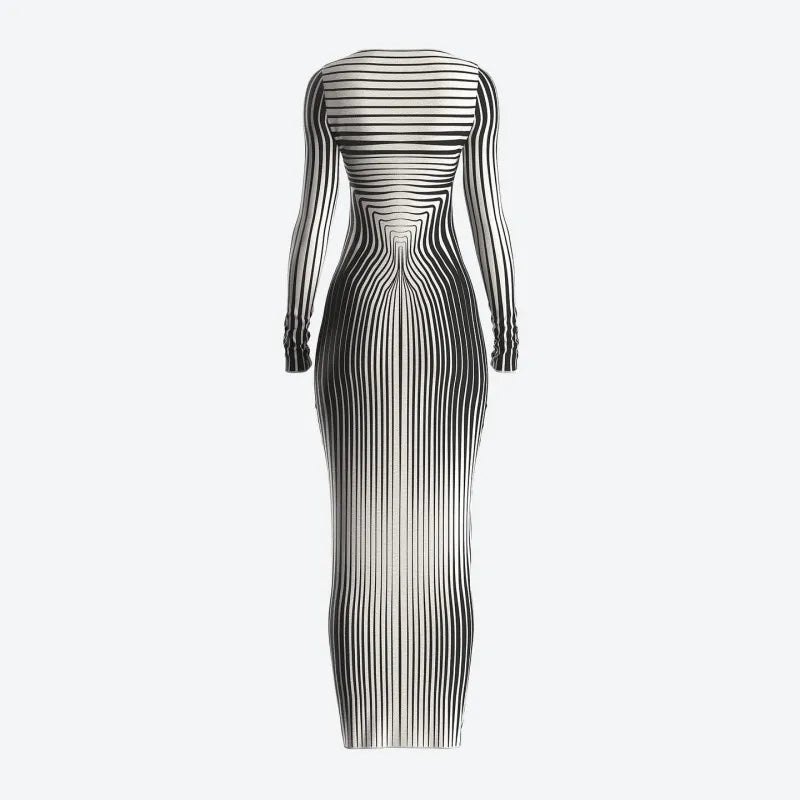 Autumn O Collar Long Sleeve Striped Evening Party Dress