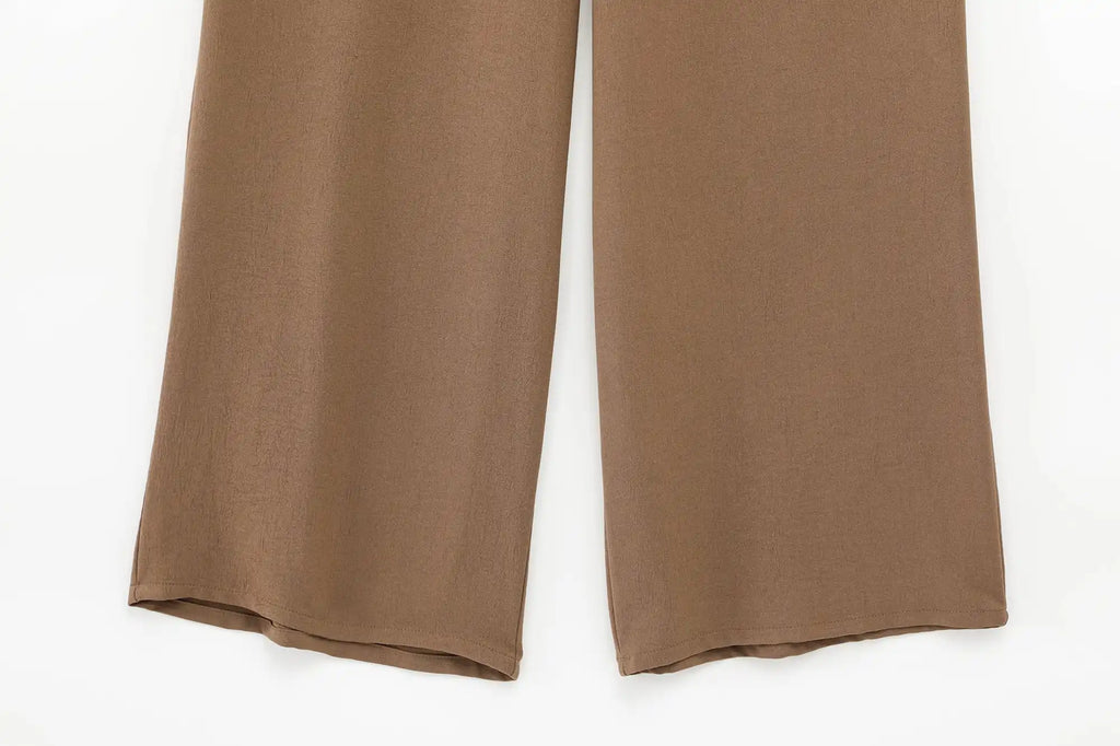 Women Casual Brown Lace-Up Waist Shirt and High Waist Wide Leg Pants Set for Spring Fashion