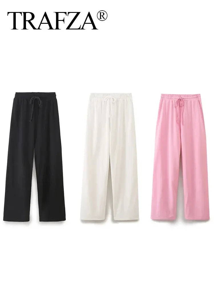 Women's Solid Casual Trouser Set with Short Sleeve T-Shirt and Elastic Waist Wide Leg Pants