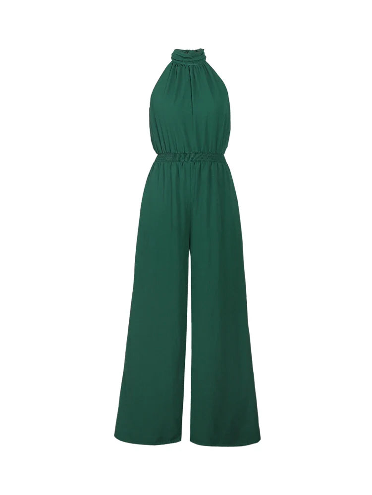 Women's Casual Solid Color Sleeveless Wide-Leg Chiffon Jumpsuit with Hanging Neck and High Waist Ankle-Length Pants for Summer