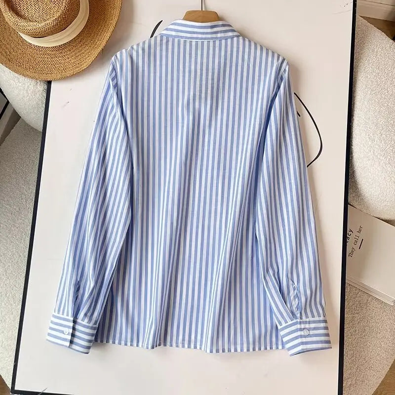 Women's Blue Pure Linen Striped Shirt Comfortable Casual Commuting Top Spring Autumn Lightweight Blouse