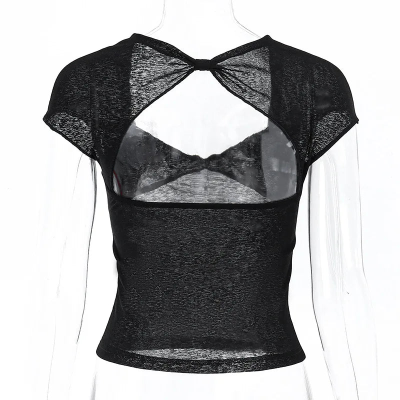 Square Collar Backless Crop Top for Women Short Sleeve Elegant Streetwear Tees