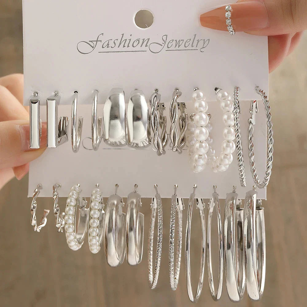 Vintage Silver Y2K Pearl Earrings Set with Round & Square Geometry Hoops for Women