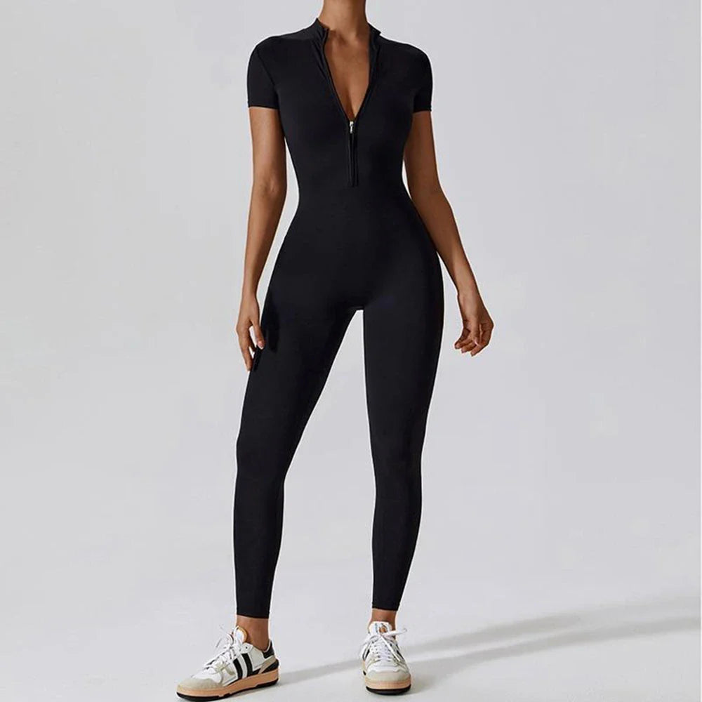 Womens Slim Fit Short Sleeve Yoga Jumpsuit Stretch One Piece Romper with Front Zipper Sexy Fitness Activewear Basic Sportwear
