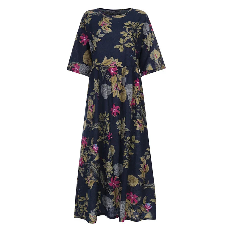 Boho Floral Sundress For Women With Three Quarter Sleeves