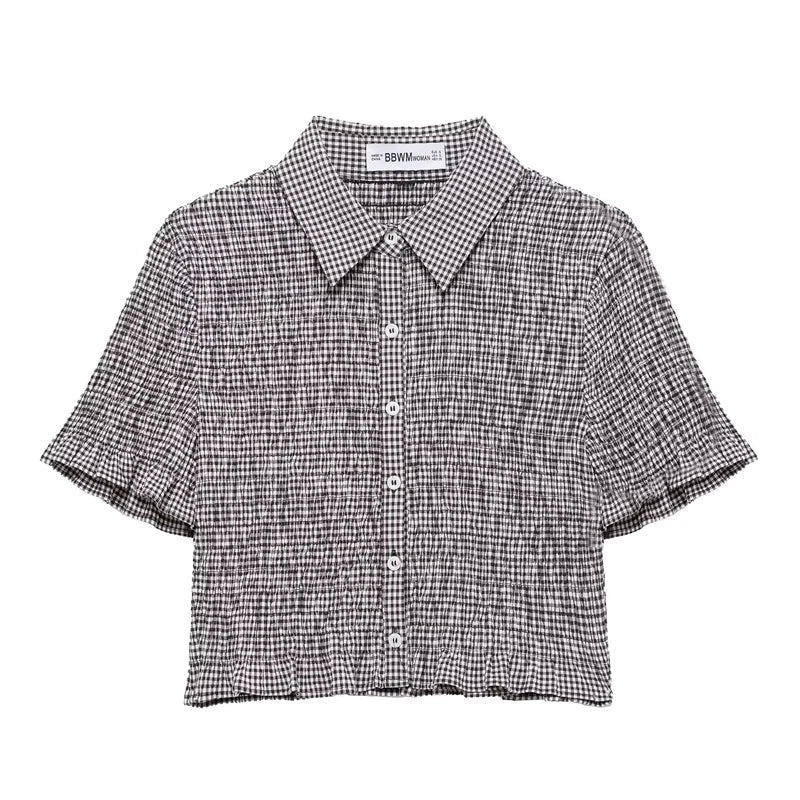 Women's Casual Plaid Short Sleeve Shirt Single Breasted Vintage Chic Button-Up Top