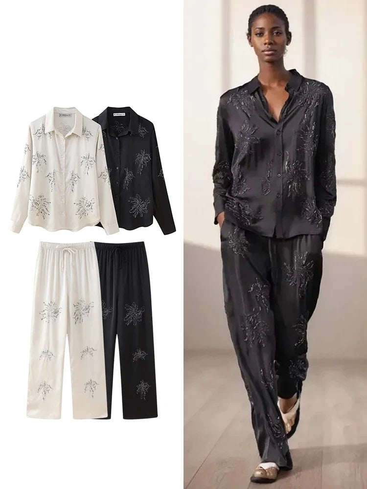 Women's Beaded Embroidery Long Sleeve Shirt and Loose Trousers Set with Lace Up Details