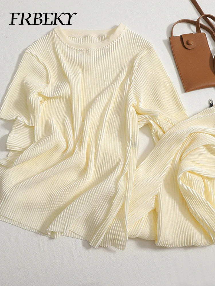 Elegant Summer Two Piece Set for Women Featuring Round Neck T-Shirt and High Waist Wide Leg Pants