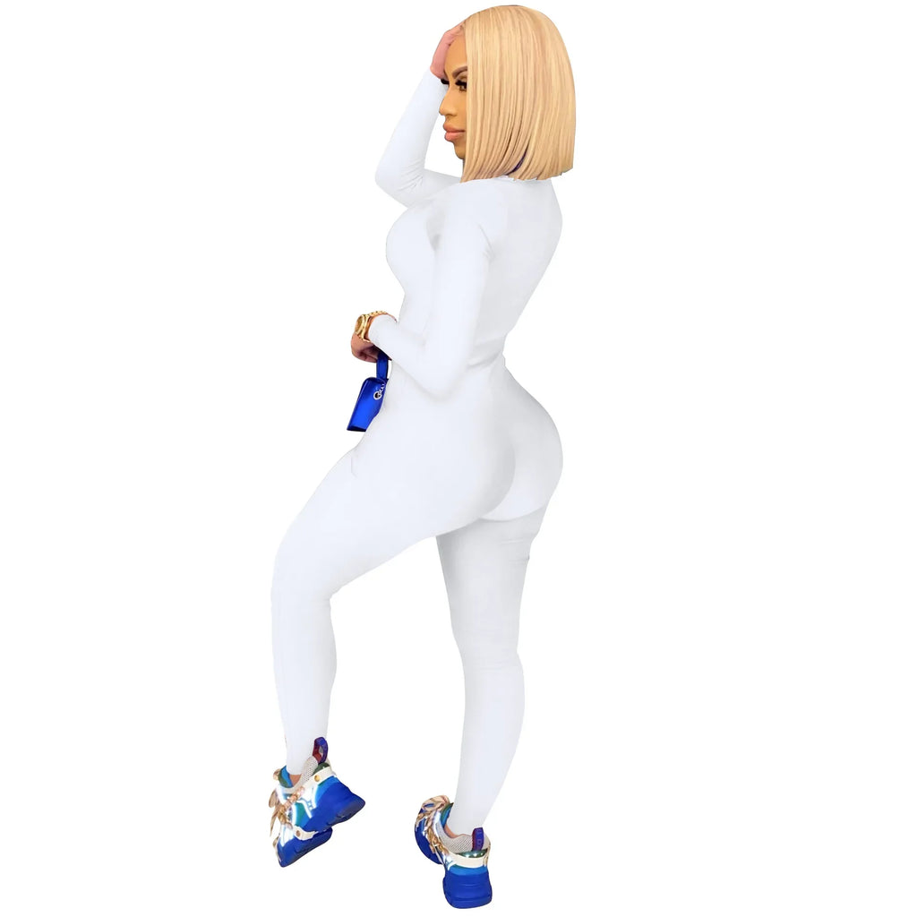 Women's Bodycon One-Piece Jumpsuit with Long Sleeves and Large Front Zipper Casual Sporty Skinny Workout Overalls Top