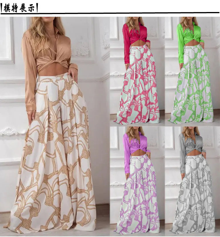 Printed Casual Suit with Lace-Up Shirt and High Waist Wide Leg Pants Set for Women