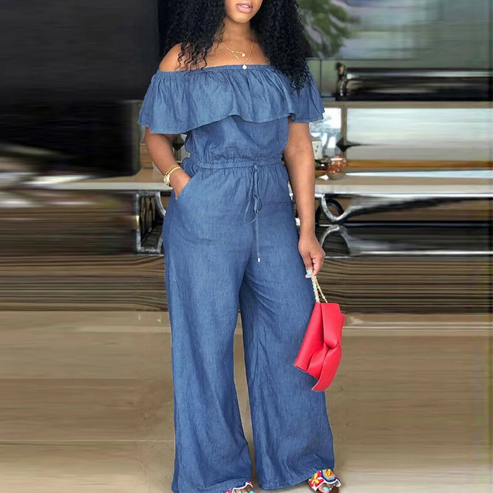 Plus Size 5XL Elegant Off Shoulder Denim Jumpsuit for Women Long Sleeve Ruffle Casual Romper Office Party Wear Solid Color Overalls