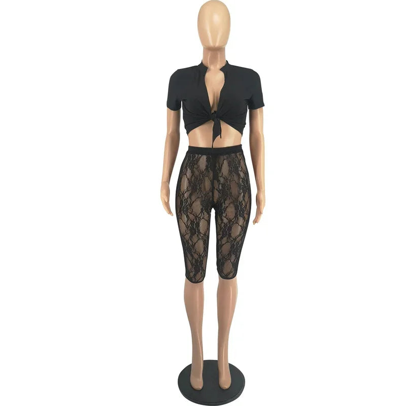 Sexy Lace Two Piece Set for Women with See-Through Crop Top and Knee Length Leggings Ideal for Party and Clubwear