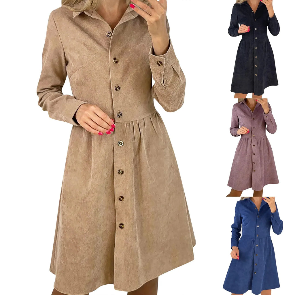 Corduroy Button Down Shirt Dress For Women Long Sleeves