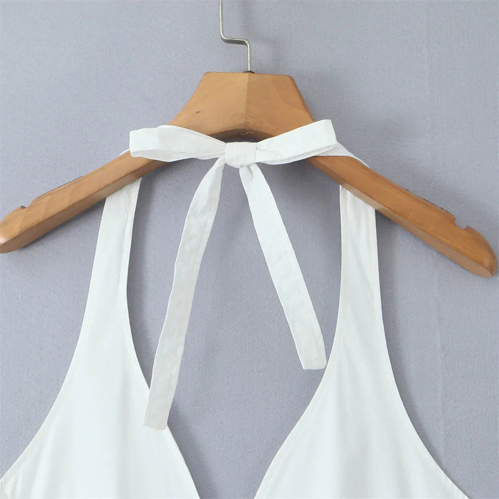 White Halter Neck Maxi Dress Sleeveless Open Back For Women