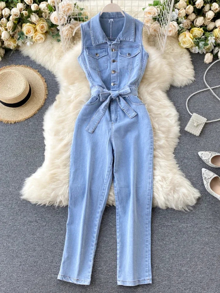 Denim Jumpsuit For Women Sleeveless Lace Up Slim Fit