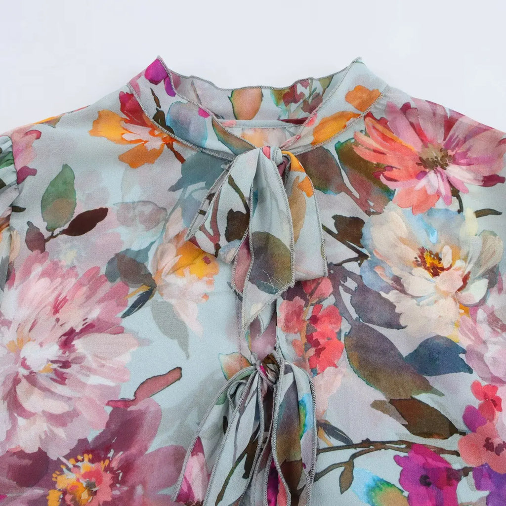 Women's Floral Print Chiffon Blouse with Bow Tie Detail Loose Fit Fashion Shirt