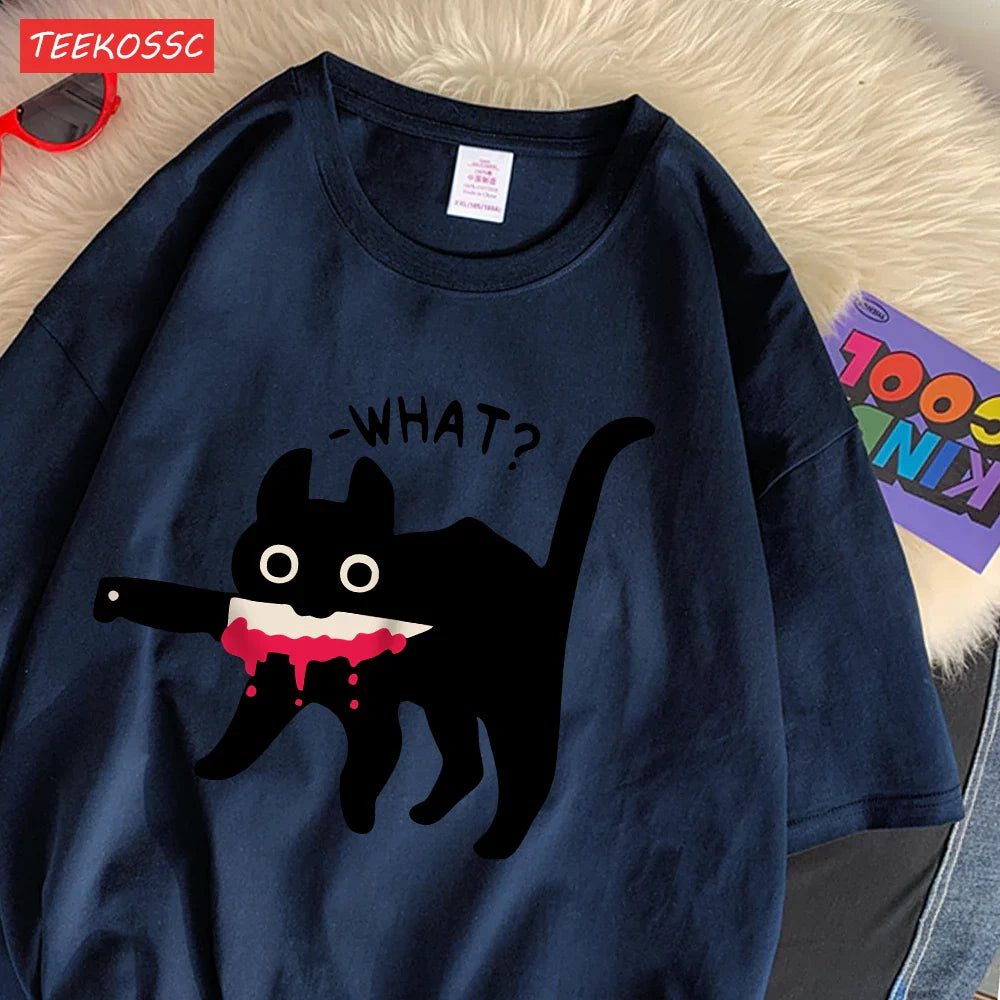 Summer Cotton Women's T-Shirts with Black Cat Print Casual Oversize O-Neck Streetwear for Daily Life and Dating