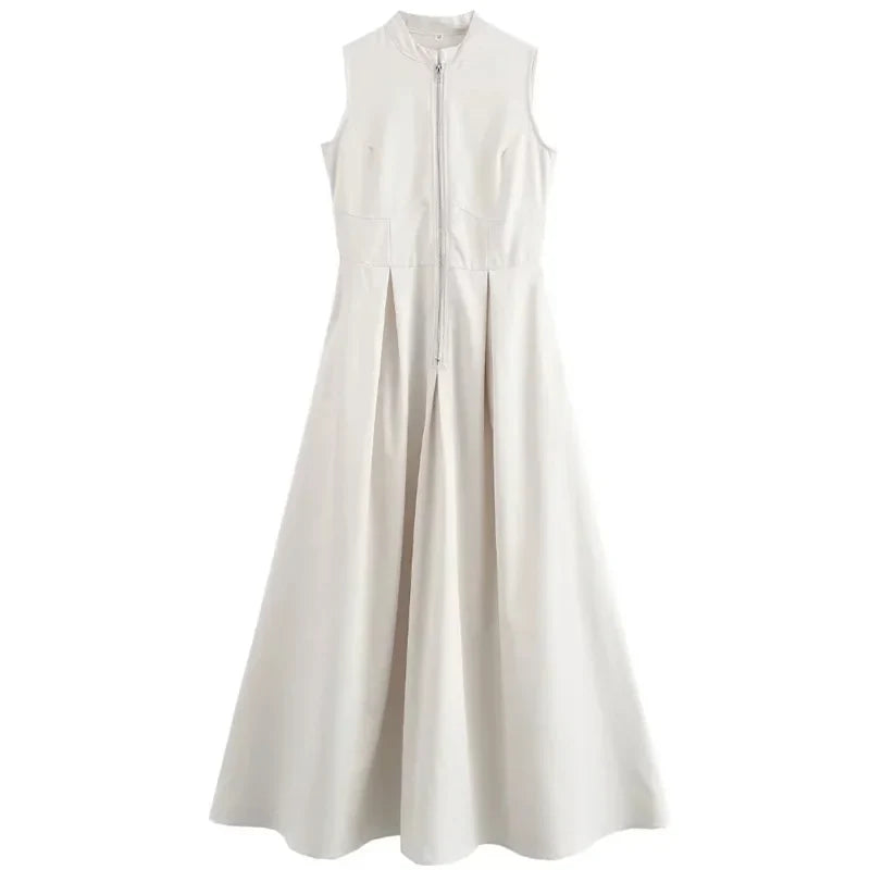 Sleeveless Pleated Maxi Dress With Zip Front And High Waist