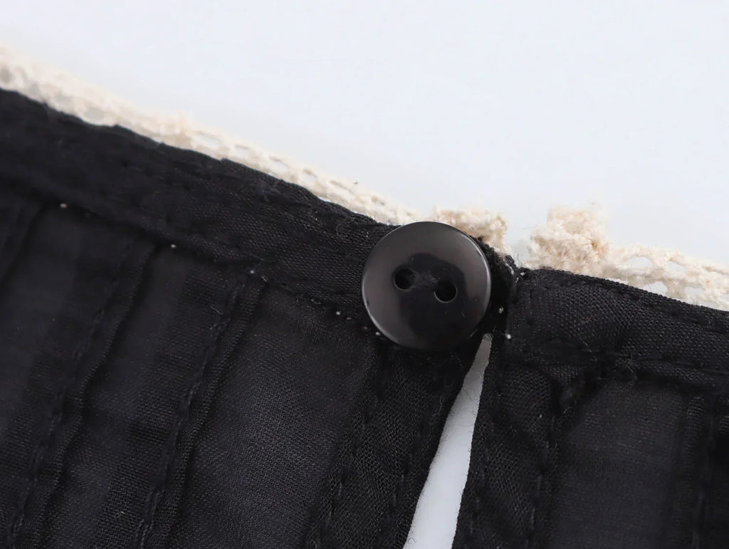 Women's Contrasting Color Embroidered Shirt with Round Neck Puff Sleeves and Loose Hem Casual Chic Top for Spring and Summer