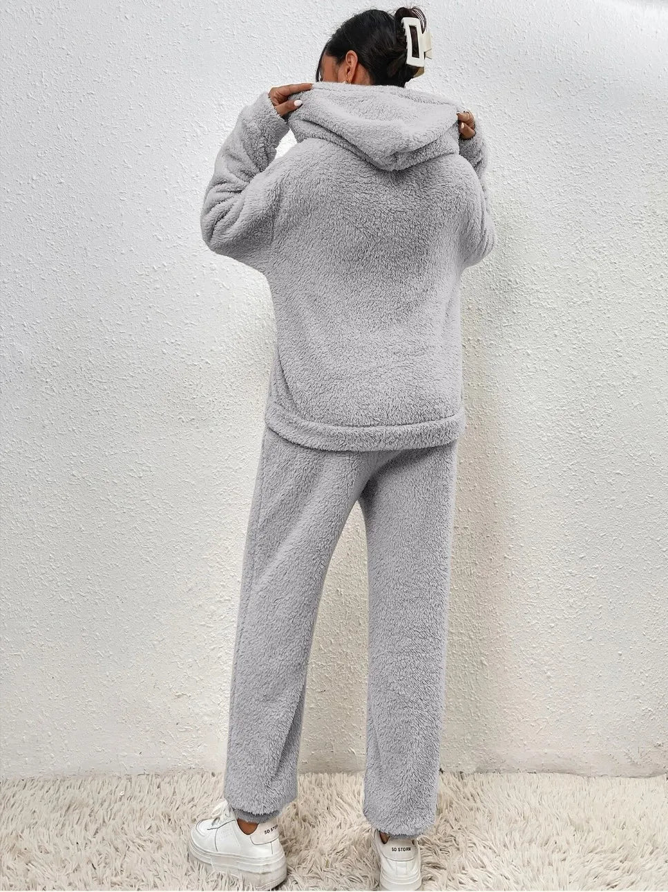 Cozy Autumn Winter Women's Casual Hooded Sweatshirt and Plush Leg Pants Two-Piece Set Warm Furry Trousers Outfit