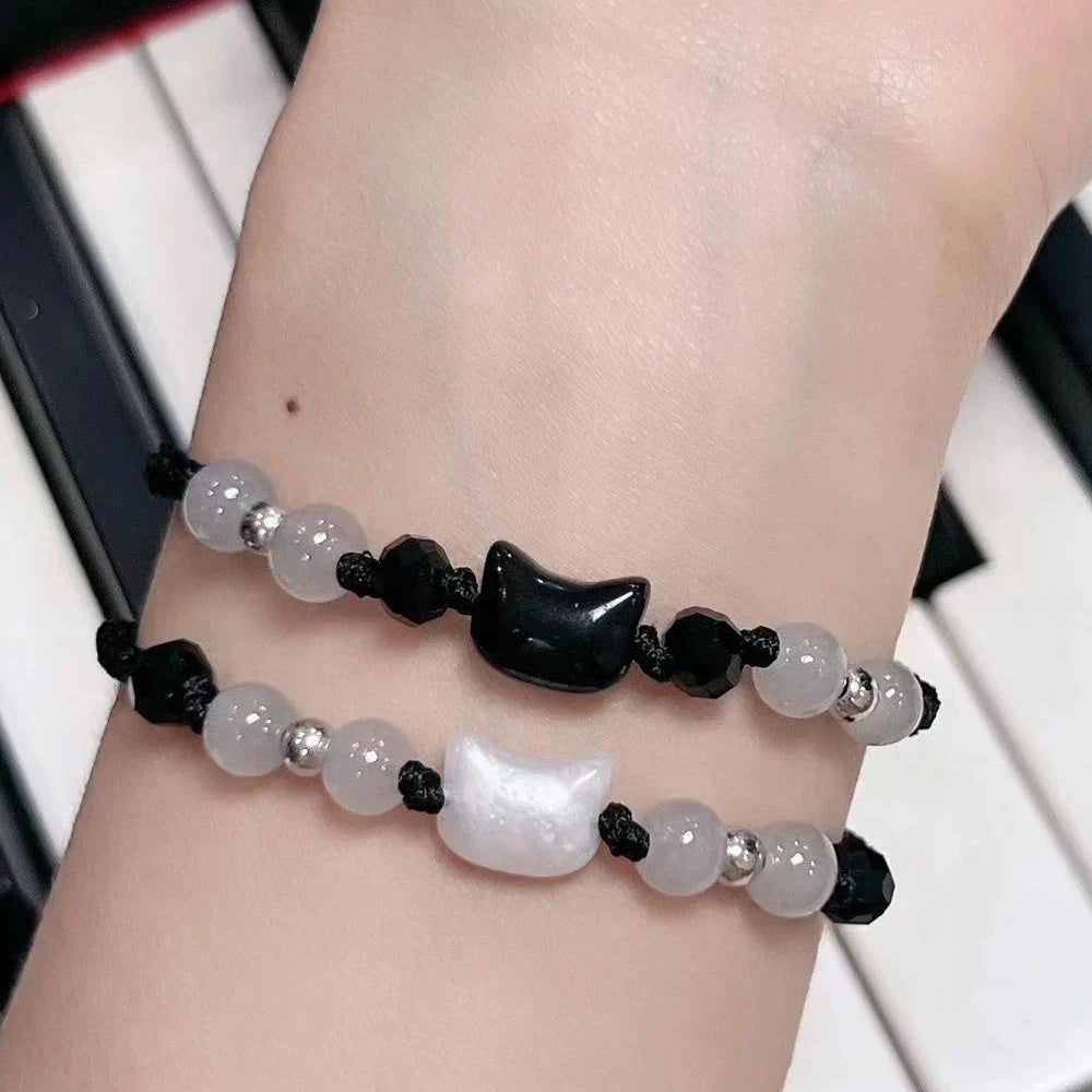 Natural Moonstone Obsidian Couple Bracelets Handmade Minimalist Cat Design Party Jewelry Gifts