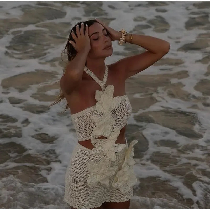 Beach Knit 3D Flower Mini Dress Backless Halter Sundress