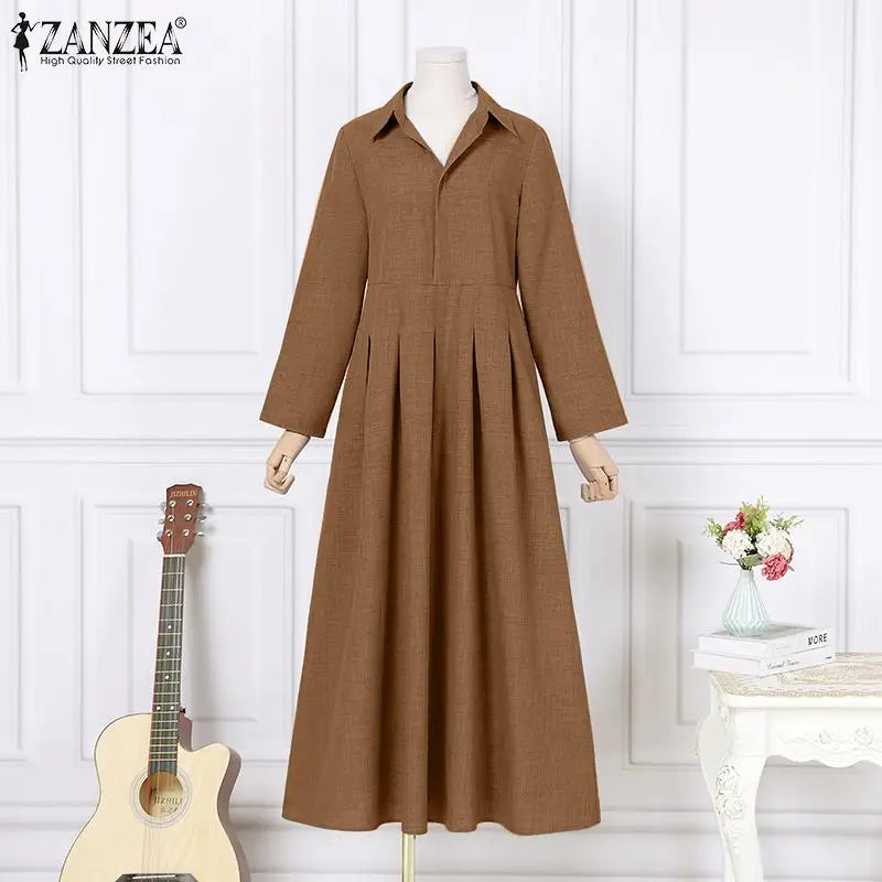 Women Long Sleeve Maxi Dress Office Casual Solid A Line