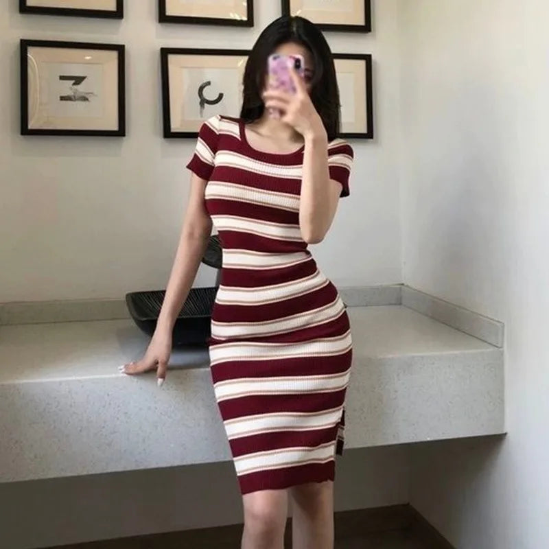 Striped Knit Dress Wrapped Short Hip With Front Slit