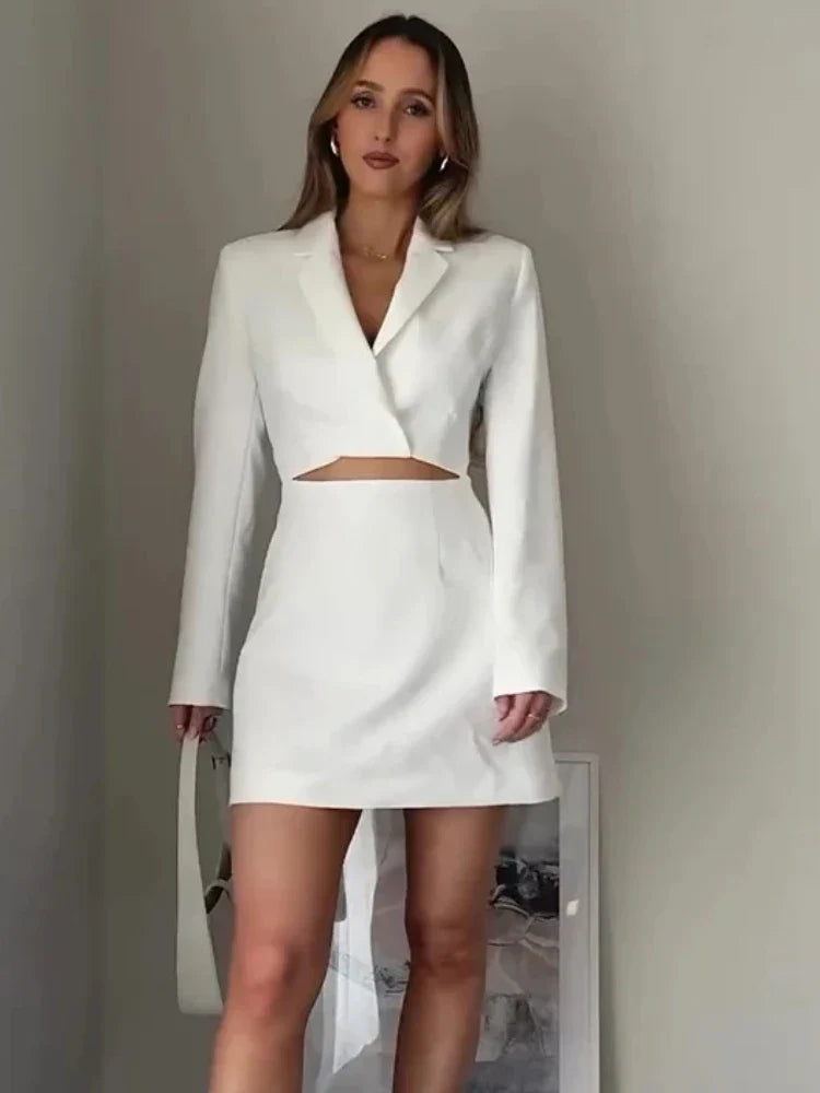 Hollow Out Mini Dress With Lapel Hidden Zipper High Waist