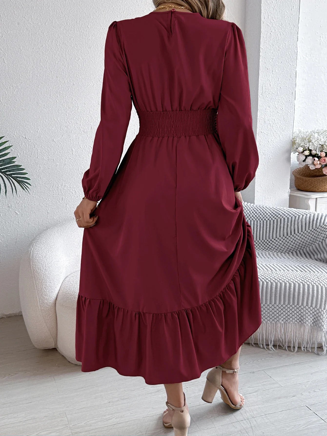 Elegant Long Sleeve Dress With Cinched Waist Solid Color