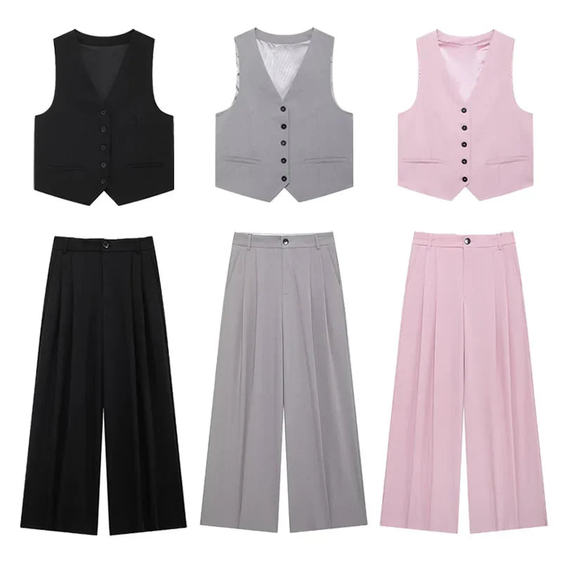 Solid Sleeveless V-Neck Vest and High Waist Zipper Loose Pants Set for Office and Casual Wear