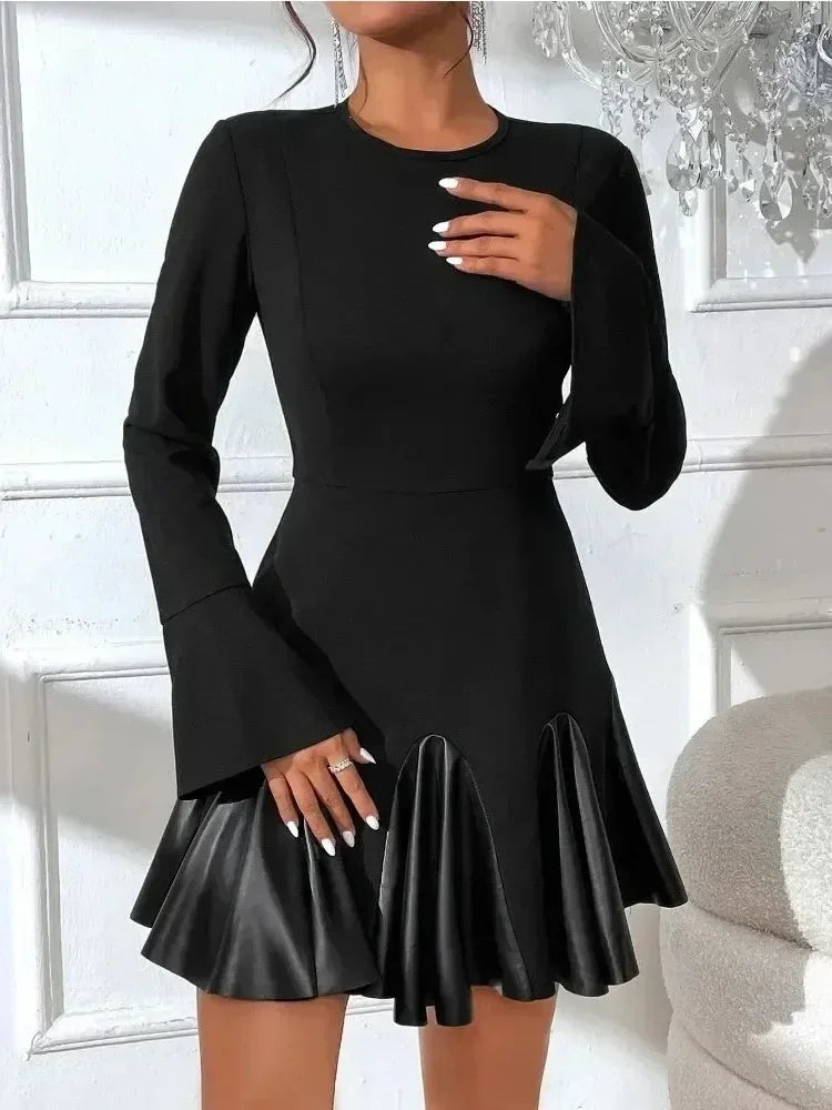 PU Leather Long Sleeve Patchwork Dress With High Collar