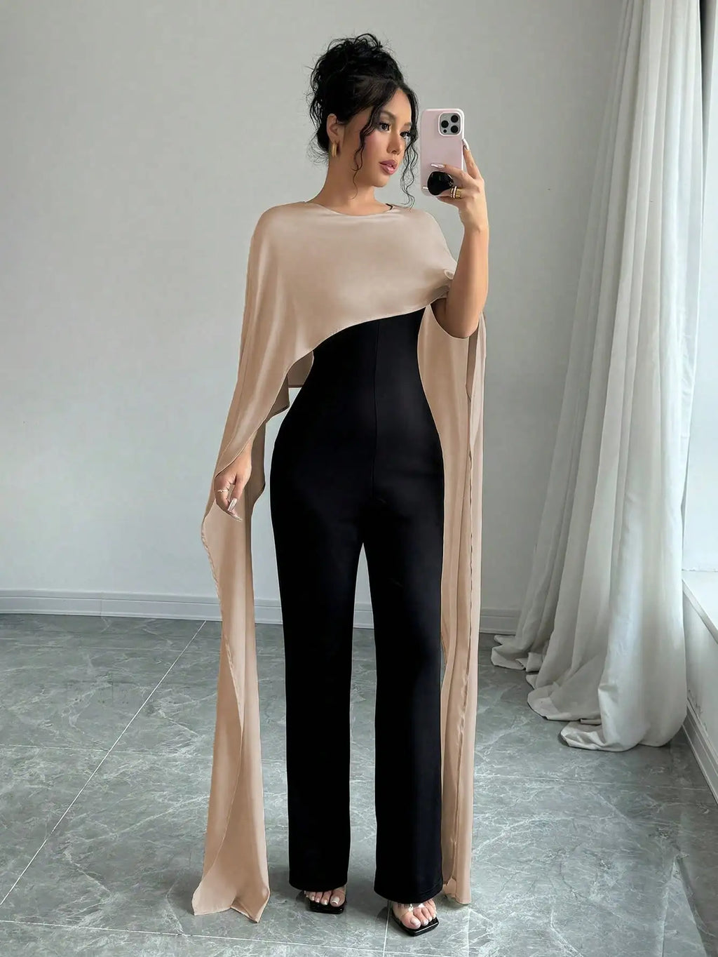 Elegant Womens Autumn Winter Jumpsuit with Fake Two Capes Patchwork Design Round Neck and Back Split