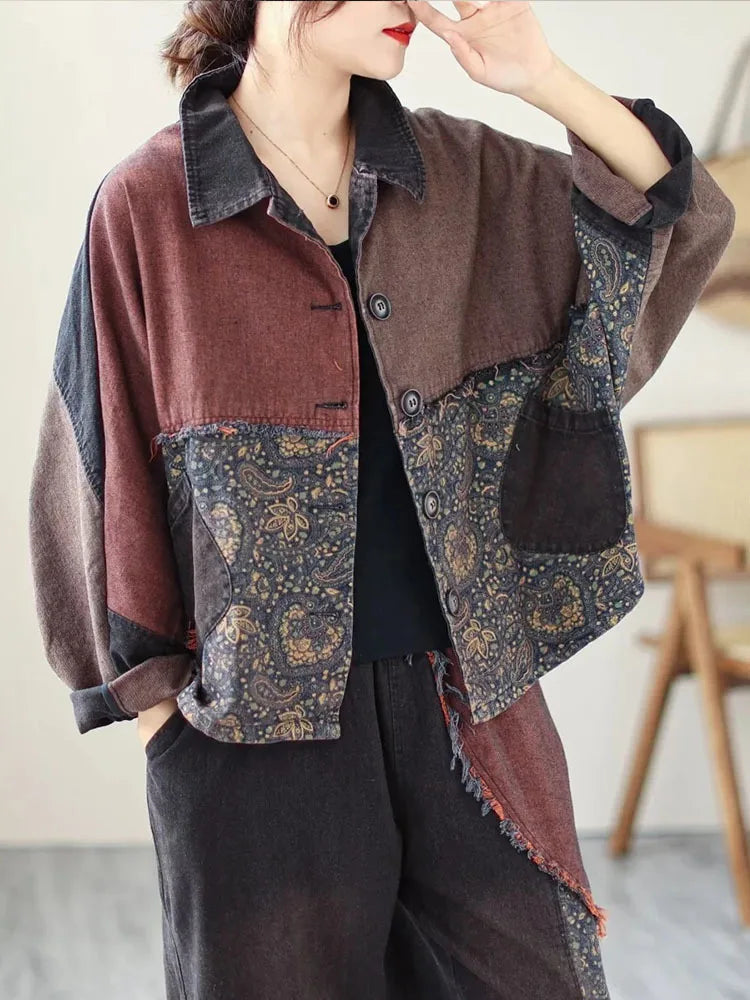 Womens Vintage Denim Two Piece Set with Printed Jacket and Casual Jeans