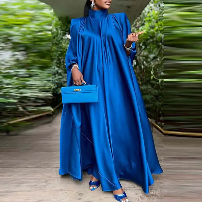 Satin Pleated Evening Dress With Stand Collar Long Sleeve