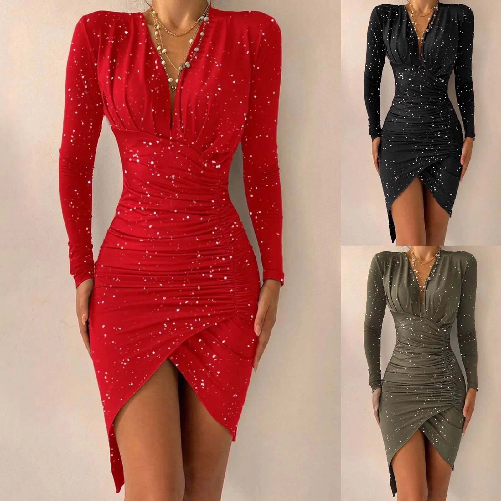 V Neck Long Sleeve Wrap Dress Ruched Midi Cocktail Party