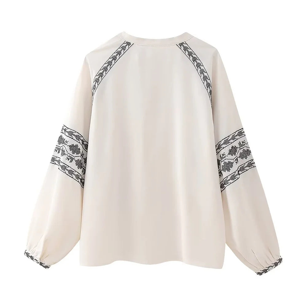 Loose Fit White Embroidered Cover Up Shirt Top for Women with Stylish Contrast Detailing and Versatile Casual Design