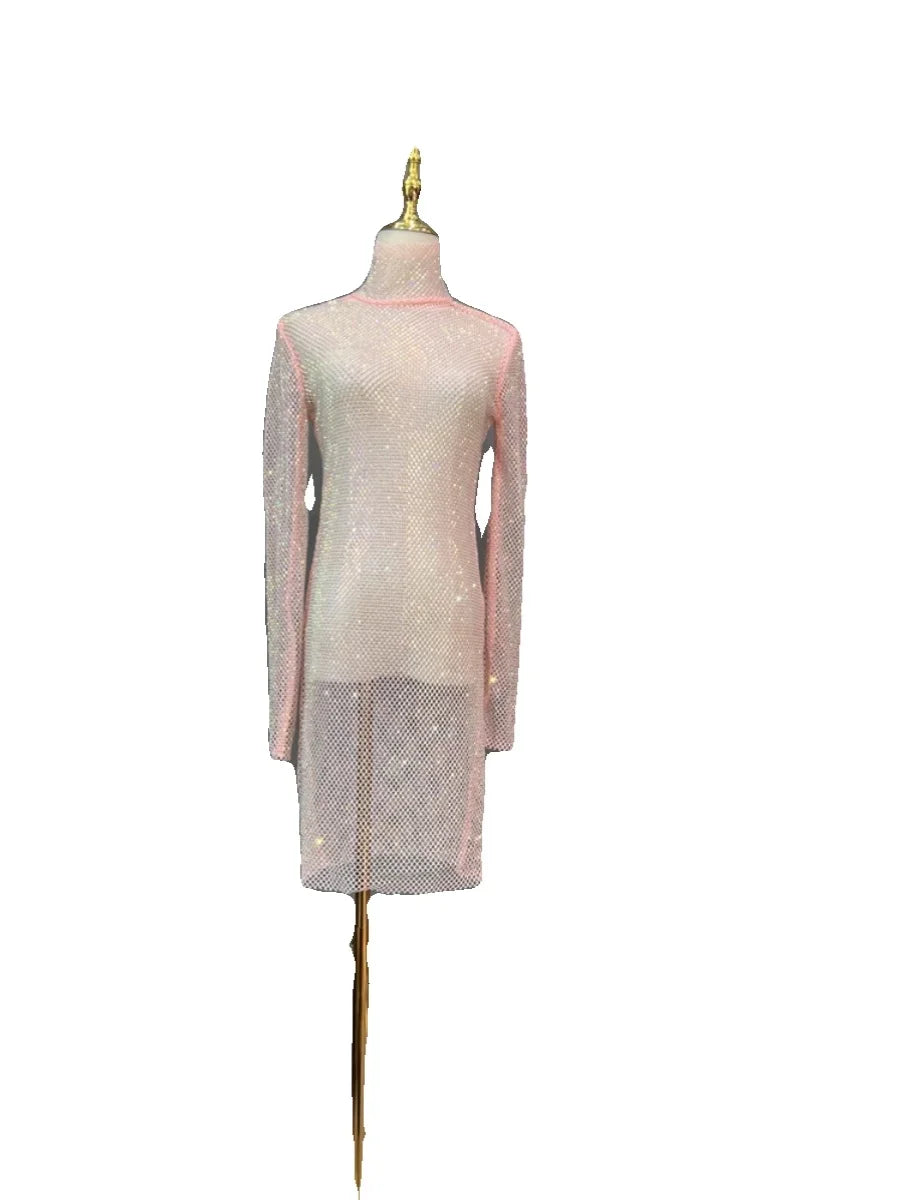 Rhinestone High Neck Glitter Party Dress Mid Length