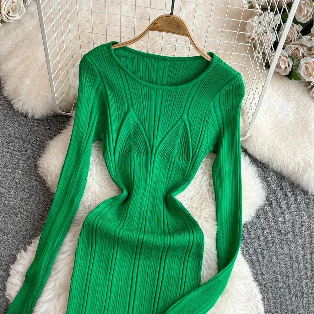 Long Sleeve Knitted Bodycon Dress For Women Autumn Retro