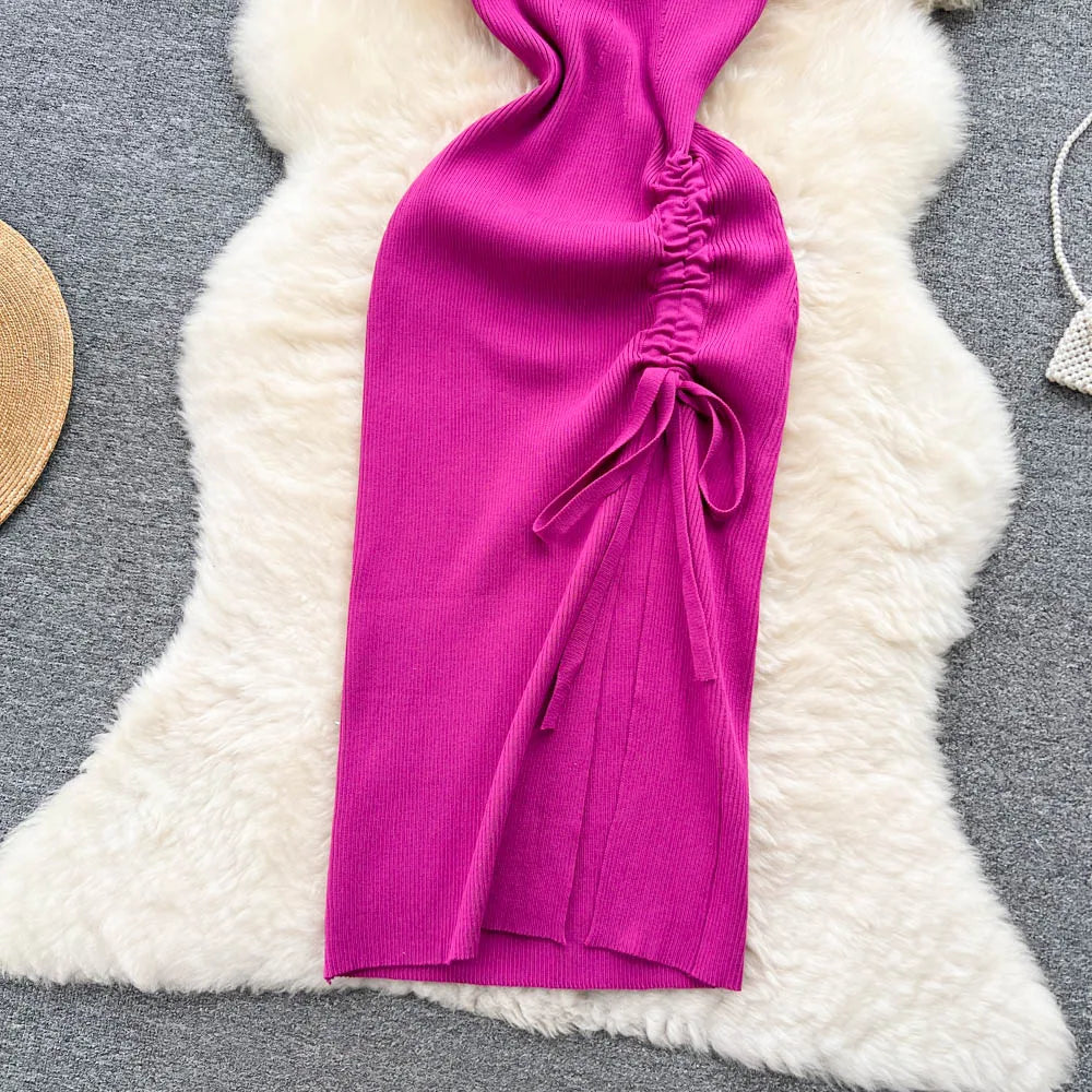 Summer Knitted Bodycon Dress Drawstring Split Black Women