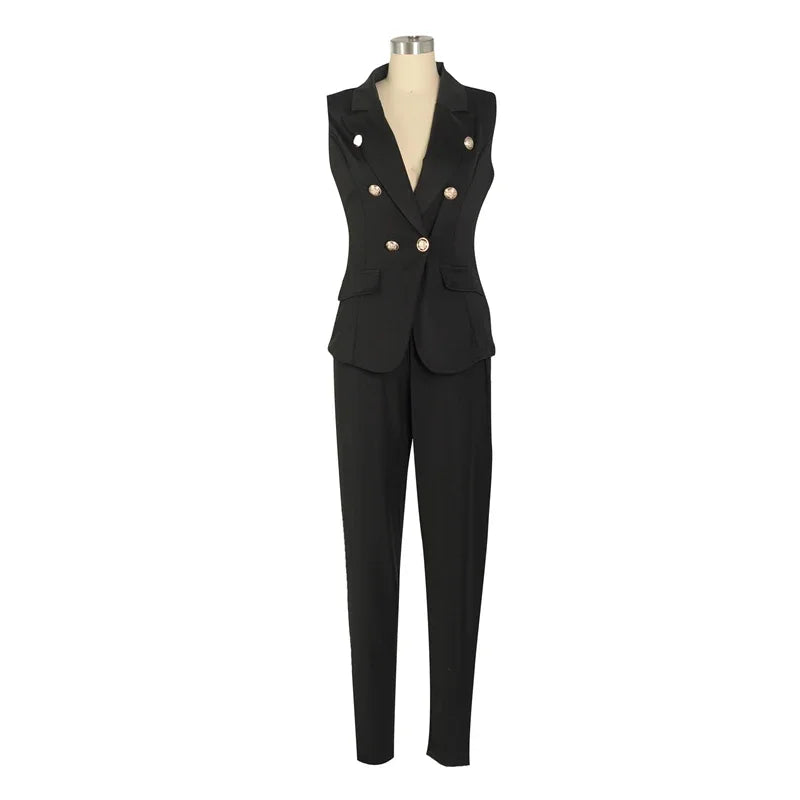 Elegant Women's Two Piece Pant Suit Set with Sleeveless Blazer and Pencil Pants for Office and Business Wear
