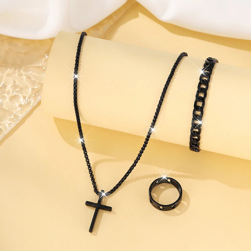 Men's Hip Hop Stainless Steel Cross Pendant Necklace Bracelet Ring Set